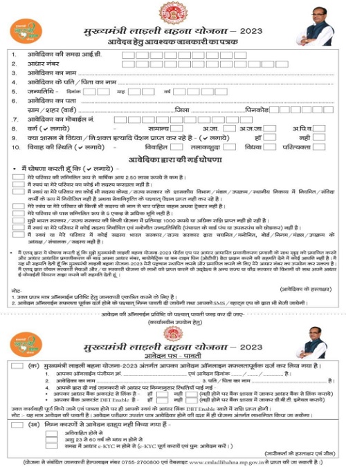 Madhya Pradesh Mukhyamantri Ladli Behna Yojana Application Form Format